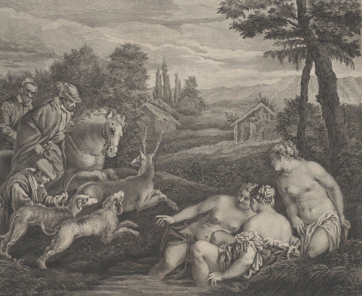 Diana och Acteon förvandlades till en hjort, ca. 1742. av Etienne Fessard