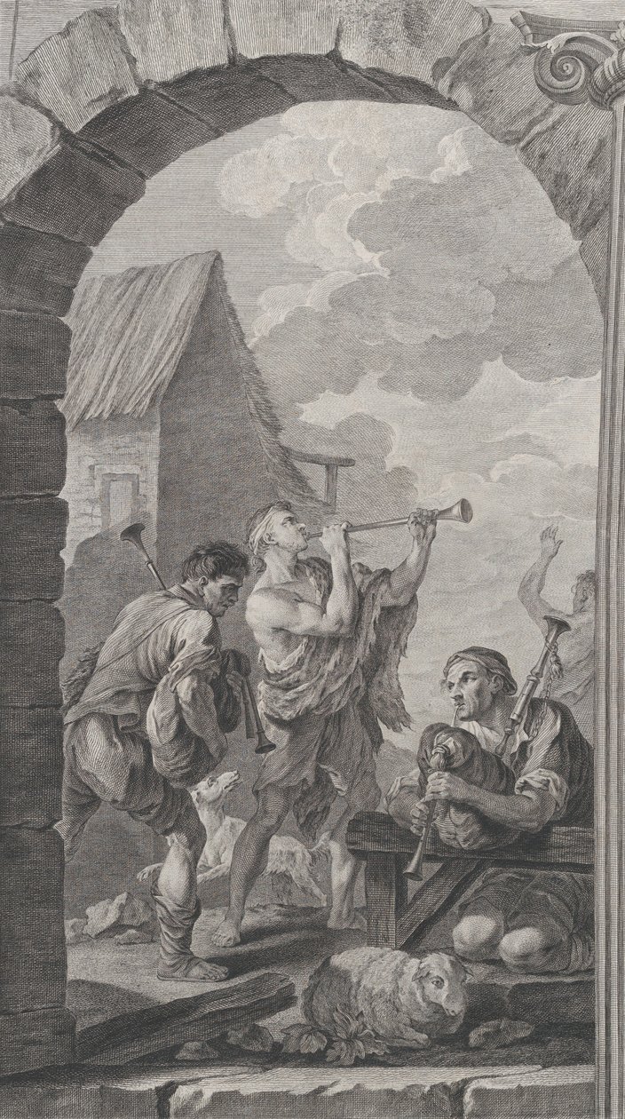 The Chapel of the Foundlings i Paris: Grupp av herdar: trumpetspelare och m..., 1754. av Etienne Fessard