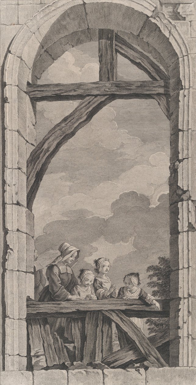 The Chapel of the Foundlings in Paris: Nunna and Little Girls Watching the Crec..., 1756. av Etienne Fessard