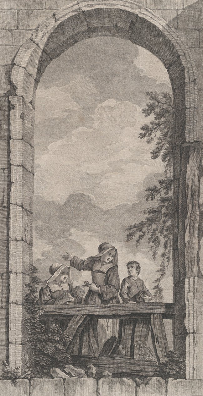 The Chapel of the Foundlings i Paris: Nunnor och pojkar som tittar på julkrubban,..., 1757. av Etienne Fessard