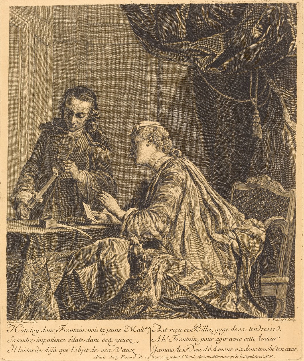 Dam som förseglar ett brev (kvinna som förseglar ett brev) av Etienne Fessard after Jean Siméon Chardin