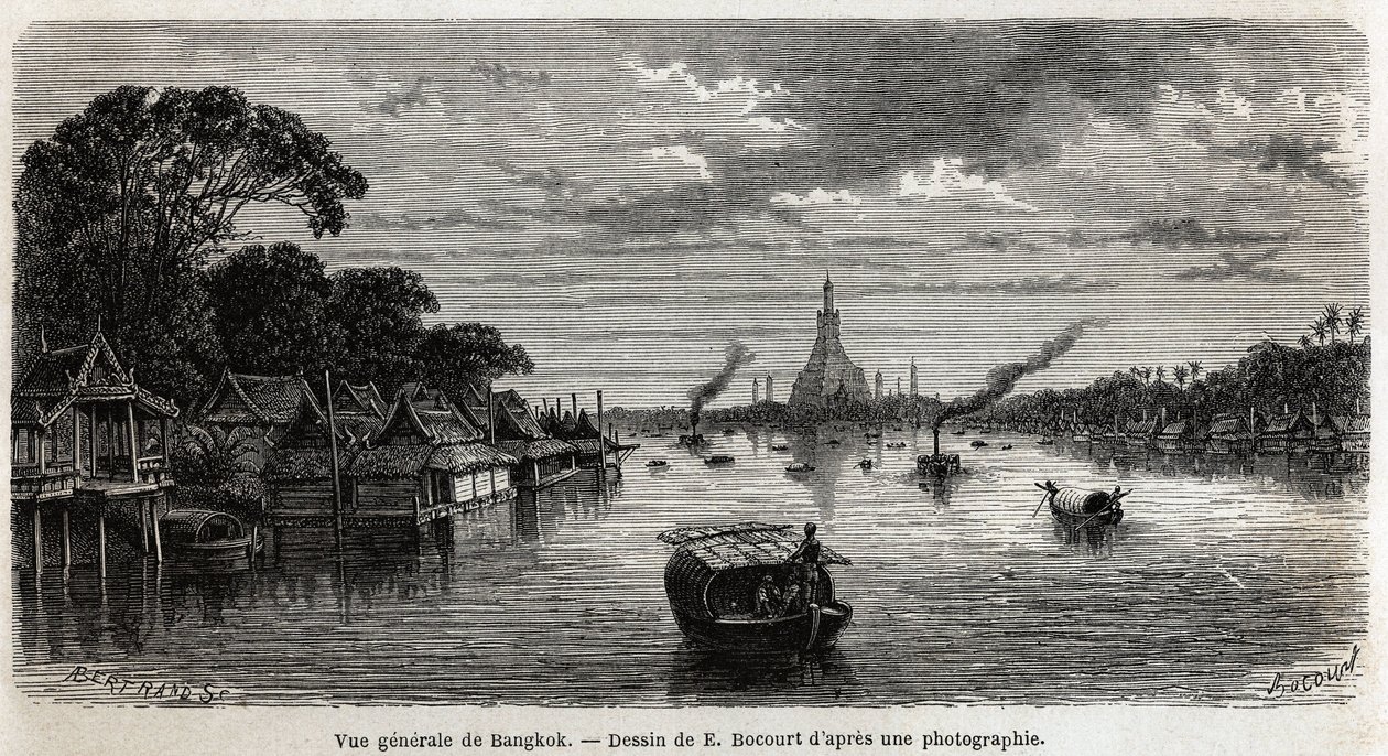 Översikt över Bangkok (Thailand), teckning av E.Bocour, för att illustrera Henri Mouhots resa till kungadömena Siam, Kambodja och Laos från 1858 till 1861. Gravyr i "" Le tour du monde", redigerad av Edouard Charton av Etienne Gabriel Bocourt