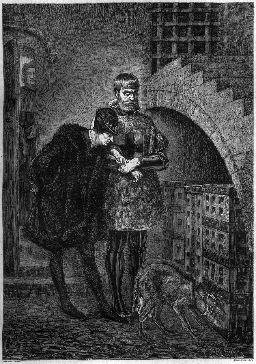 Kung Ludvig XI av Frankrike (1423-1483) på besök hos fången Jean de La Balue (kardinal Balue) (1421-1491), innesluter sig i en järnbur. Gravyr av Bocour efter målningen av Gerome av Etienne Gabriel Bocourt