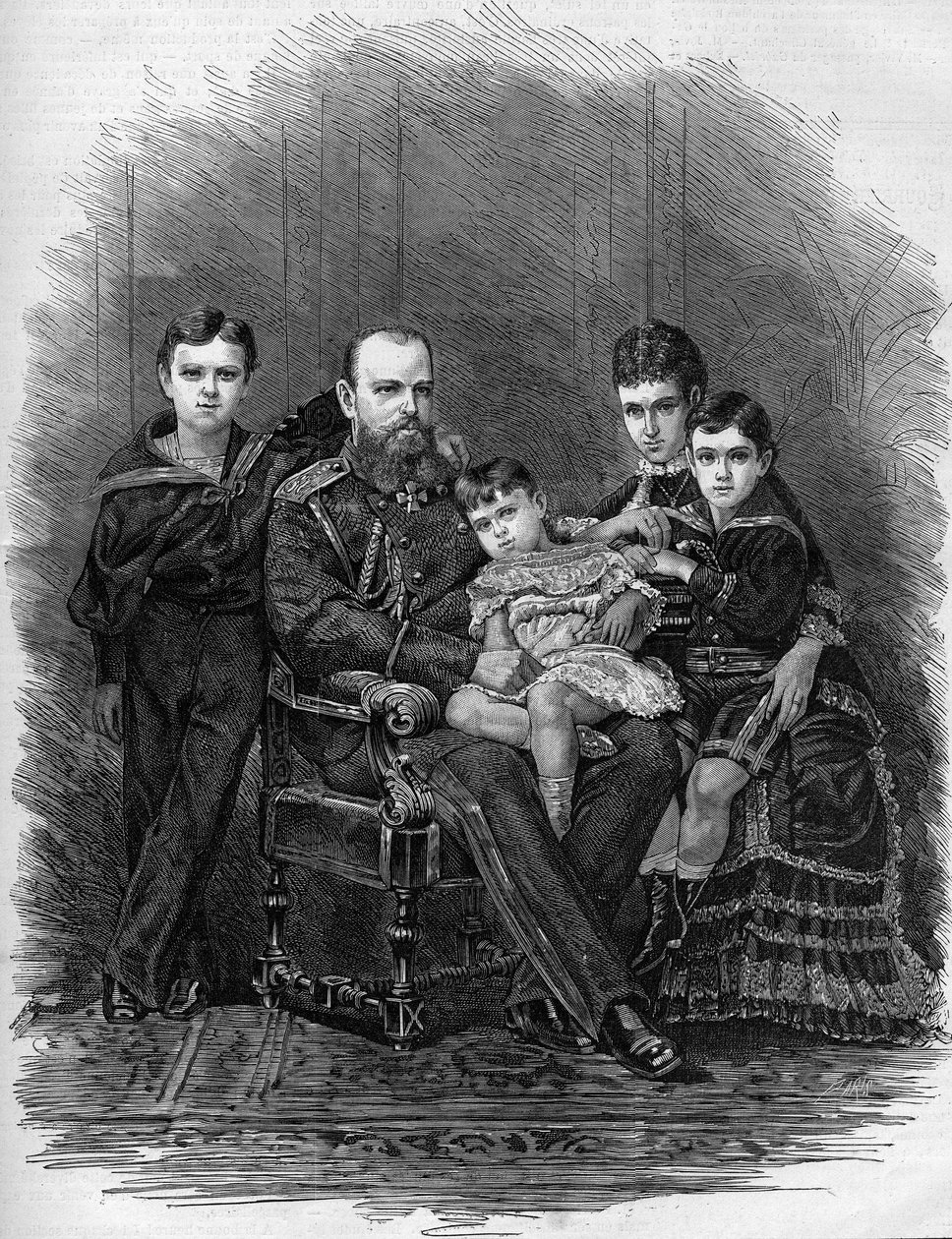 Porträtt av den ryska kejserliga familjen 1881: Tsar Alexander III (1845-1894) och Mary Feodorovna (eller Fiodorovna eller Fedorovna) (Mary Sophie Dagmar av Etienne Gabriel Bocourt