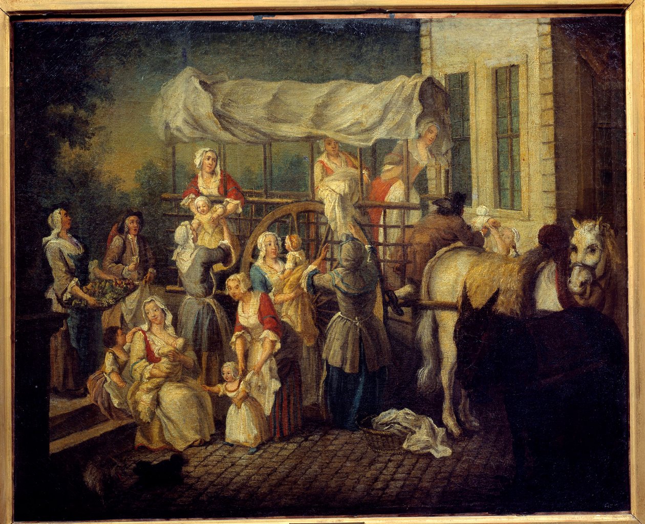 Sjuksköterskornas ankomst Målning av Etienne Jeaurat (1699-1789) Laon från 1700-talet, kommunalt museum av Étienne Jeaurat