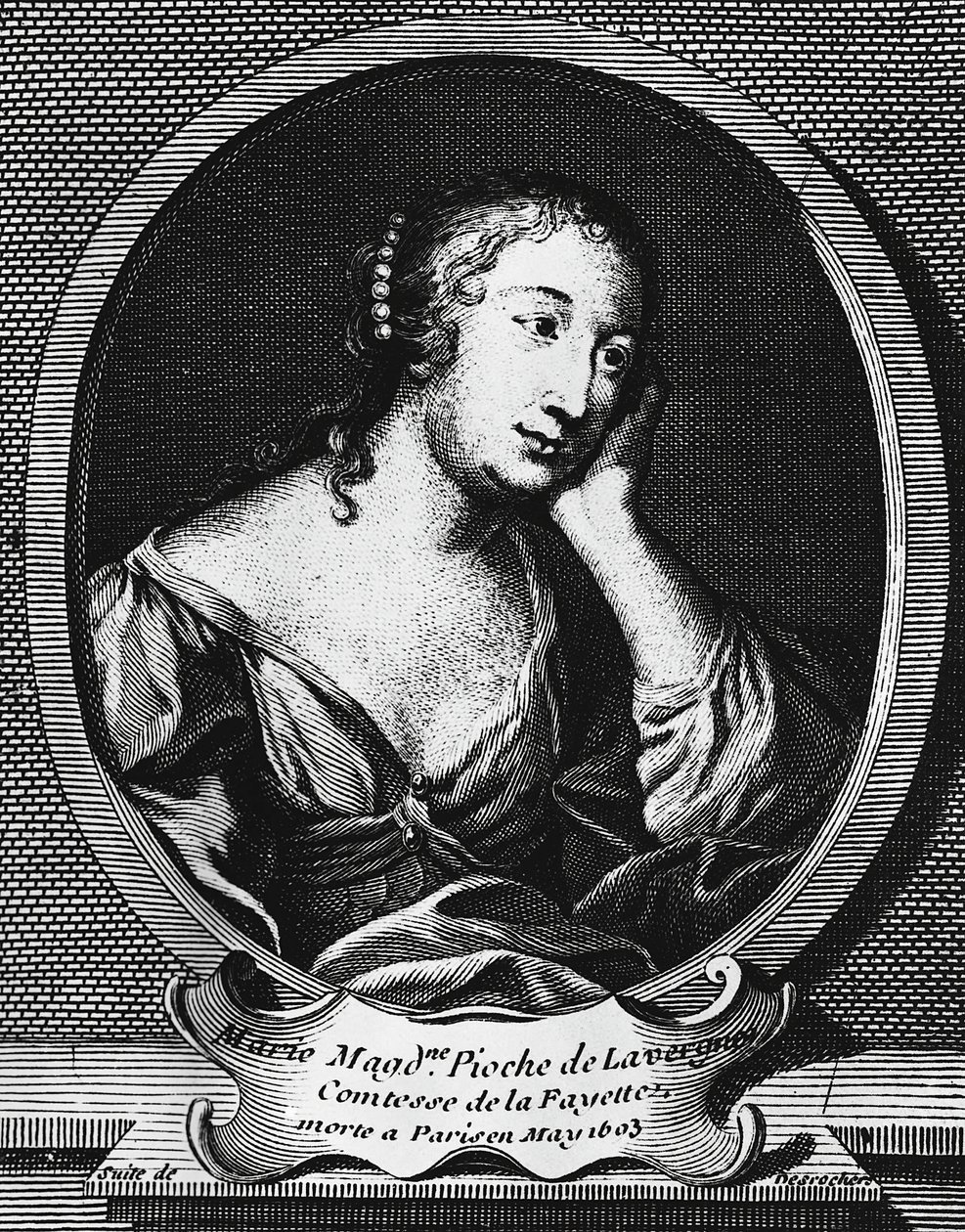 Medaljongporträtt av Marie-Madeleine Pioche de La Vergne, Comtesse de La Fayette (1634-1693), fransk romanförfattare, gravyr av Etienne Jehandier Desrochers (1668-1741) av Etienne Jehandier Desrochers