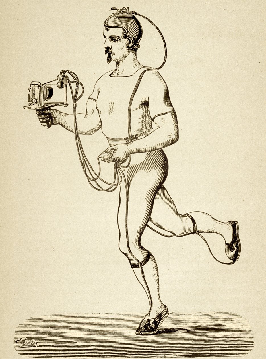Runner försedd med apparaten avsedd att registrera hans olika steg, från Popular Science Monthly, pub.1875 av Etienne Jules Marey