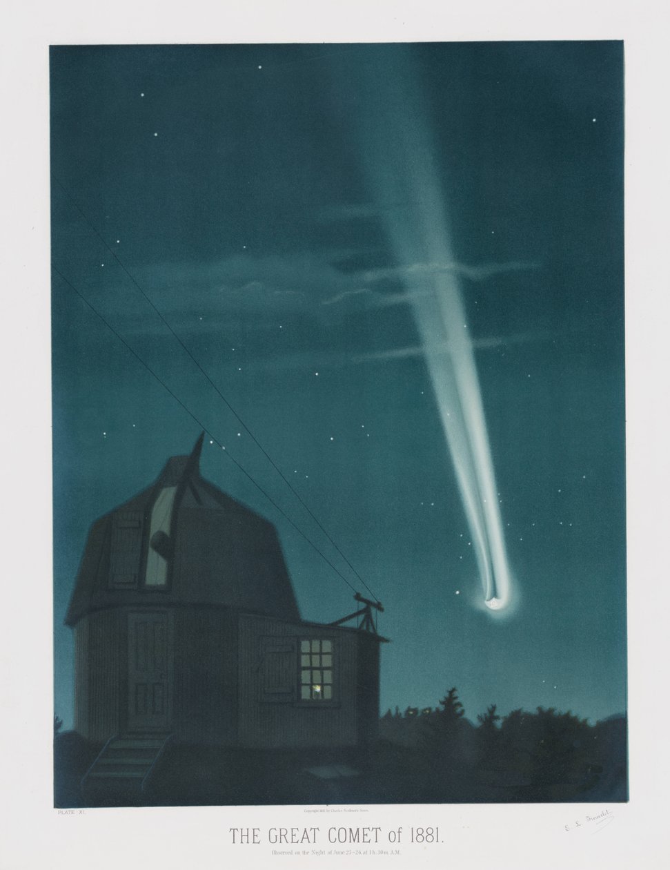 The Great Comet of 1881, observerad natten mellan den 25 och 26 juni, kl. 1h.30, från The Trouvelot Astronomical Drawings 1881, pub. 1881 (färglitografi) av Étienne Léopold Trouvelot