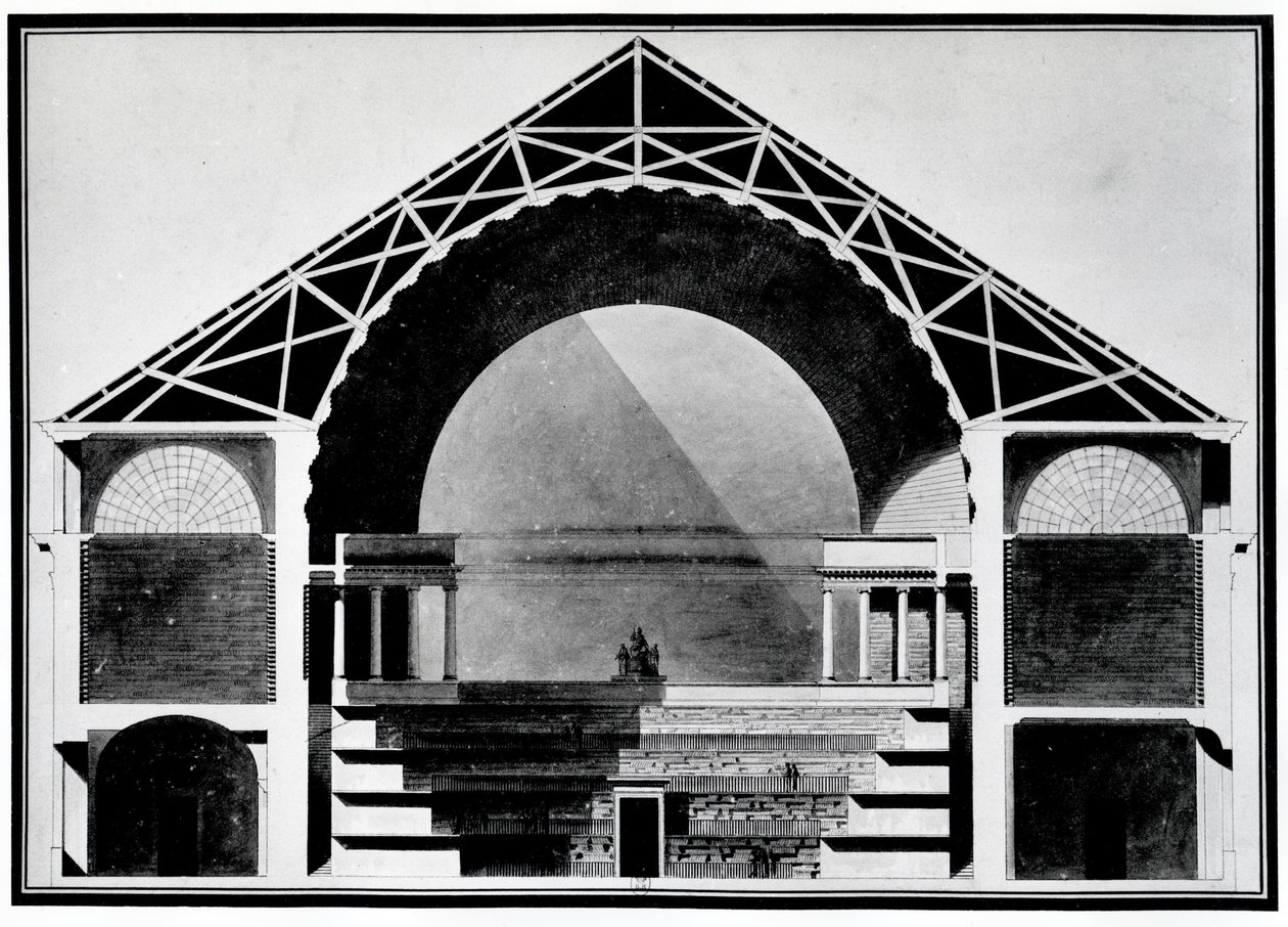 Bibliotheque Royale de France, tvärsnittsritning av byggnaden. Arkitektur av Etienne Louis Boullee (Etienne-Louis Boullee), fransk arkitekt (1728-1799). av Etienne Louis Boullee