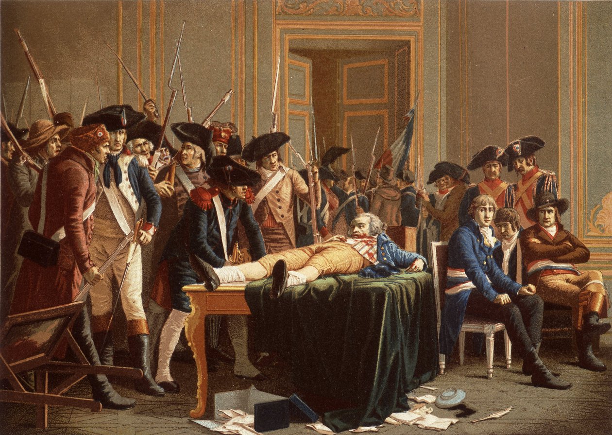 Morgonen den 10:e Thermidor År II; Maximilien de Robespierre, med en bruten käke, spridd på ett bord (chromolitho) av Etienne Lucien (after) Melingue