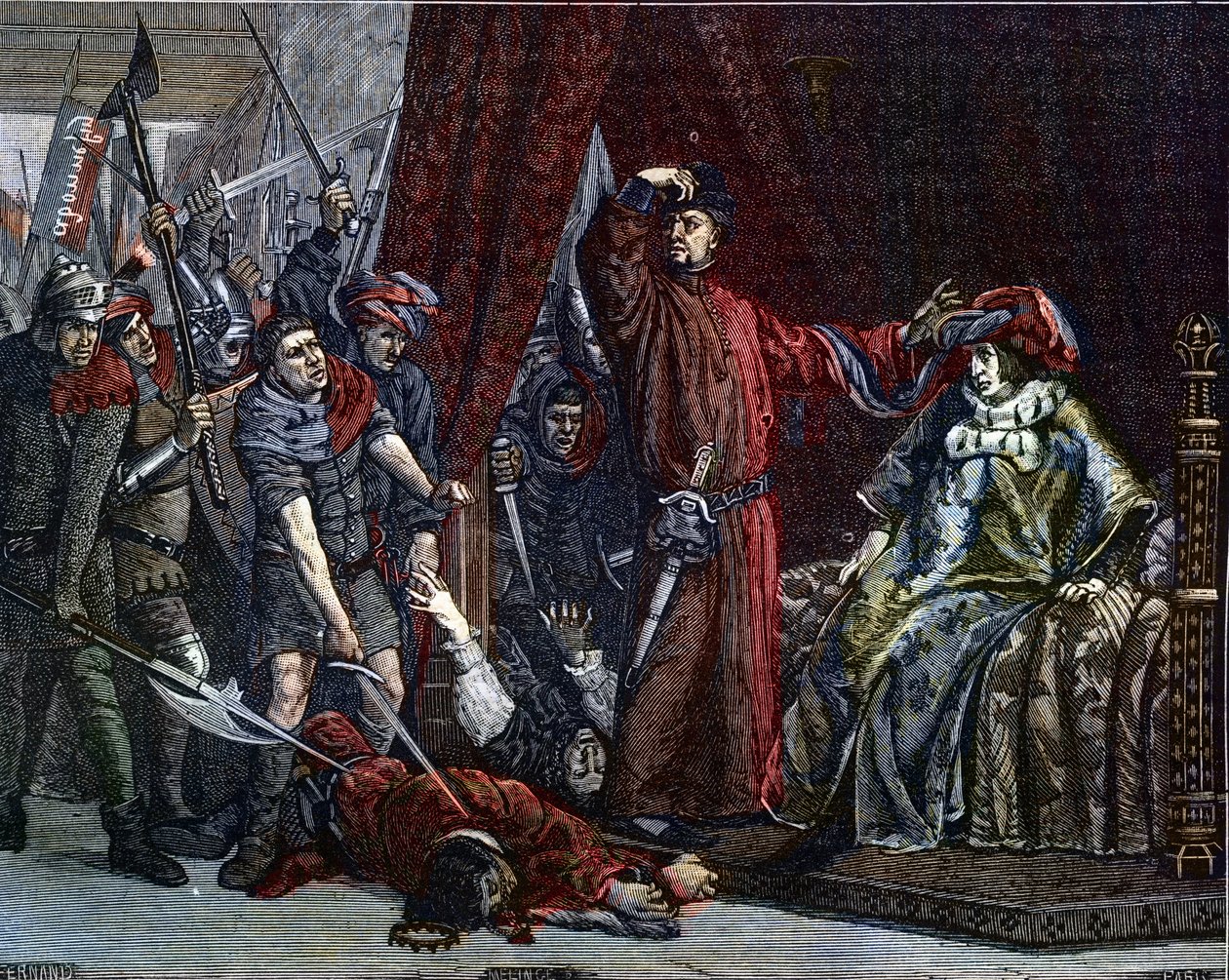 Hundraåriga krig: "" Delfinen Charles (då Karl V) (1338-1380) (den första delfinen i Frankrike) och Etienne Marcel (1302/1310-1358) som mördade två ministrar (marechaux) Robert de Clermont och Jean de Konflans i den franska delfinens rum kl av Etienne Lucien Melingue