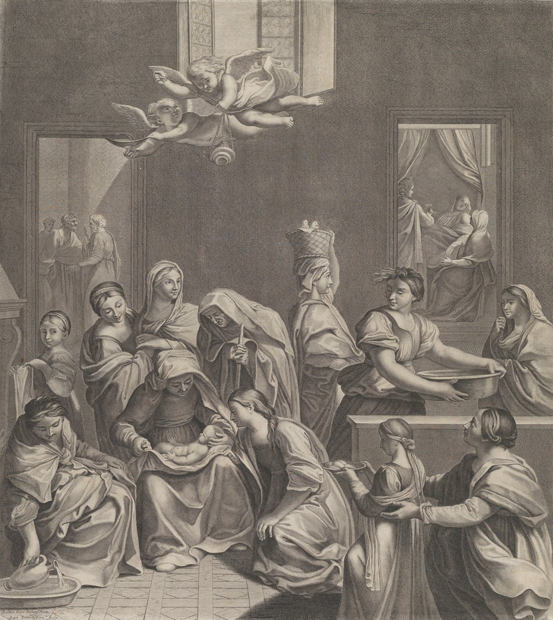 Jungfruns födelse, kvinna sittande med ett spädbarn i knäet, många kvinnor runt..., 1677. av Etienne Picart