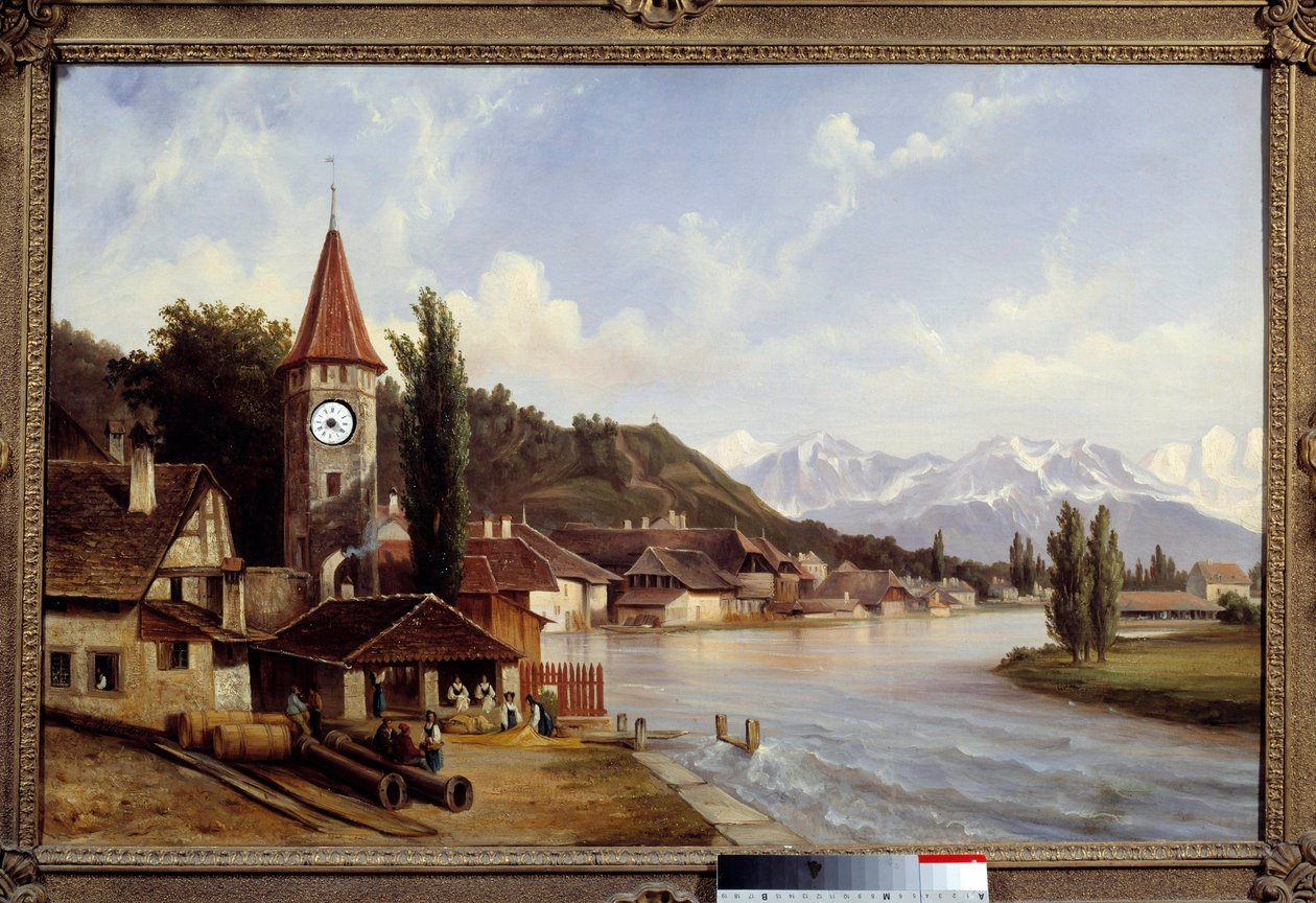 Utsikt över byn Thun i Schweiz. Målning av Etienne Raffort (1802-1895) av Etienne Raffort