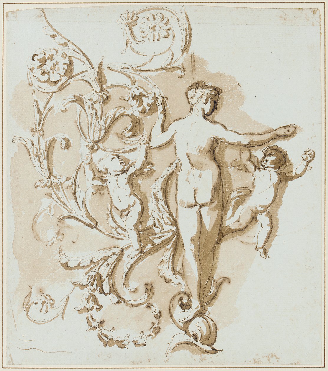 En kvinnlig naken sedd bakifrån, med två putti, bland akantus-bladdekor av Etienne de Lavallee Poussin