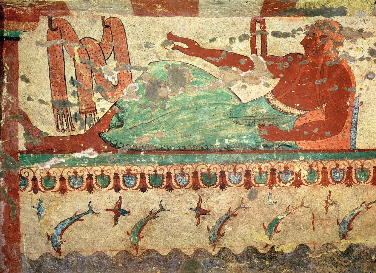 En gäst på en begravningsbankett med ett ägg i handen, från lejongraven, c.520 f.Kr. (väggmålning) av Etruscan