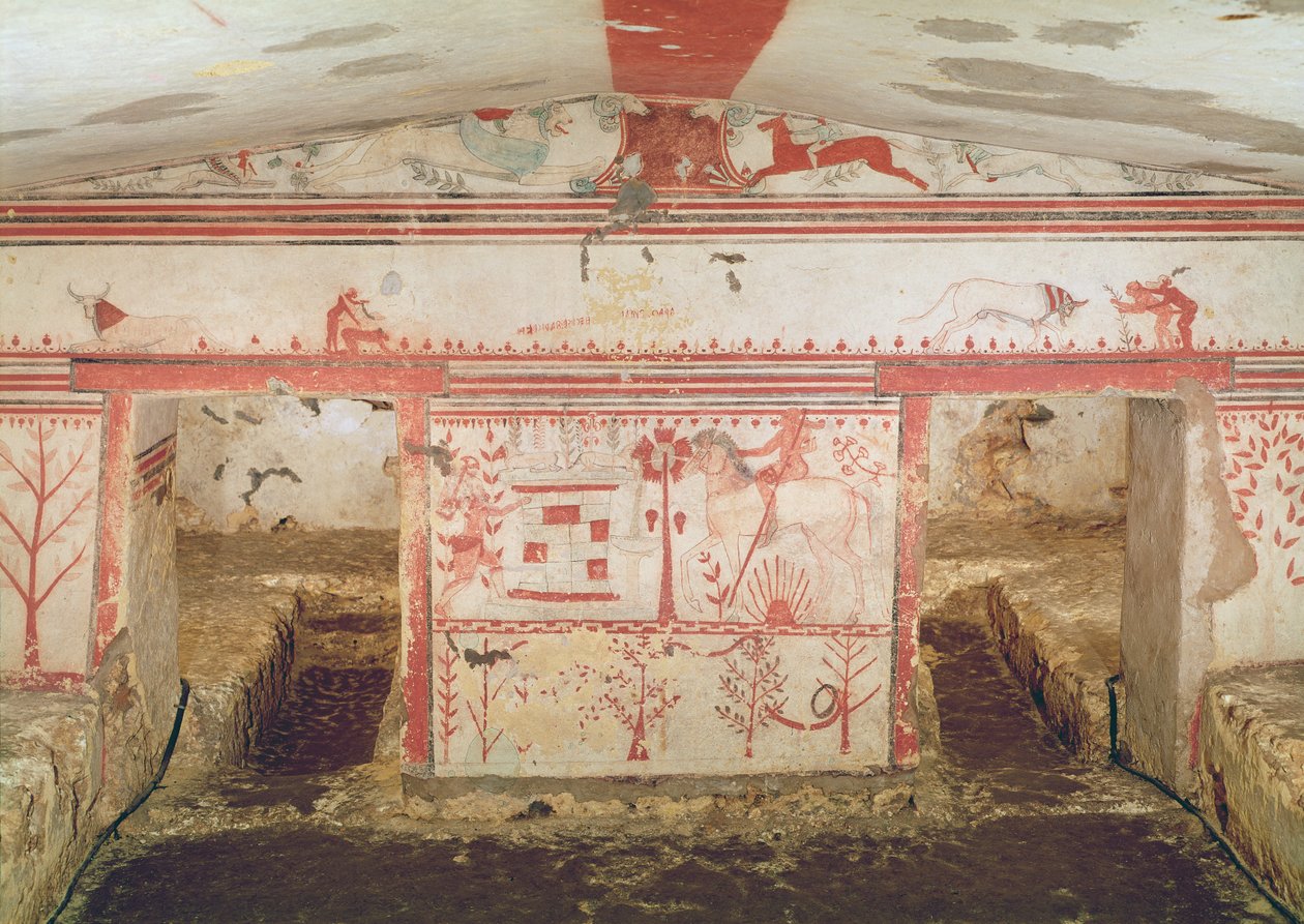 Akilles i bakhåll för Troilus, från tjurarnas grav, ca 550 f.Kr. (väggmålning) av Etruscan