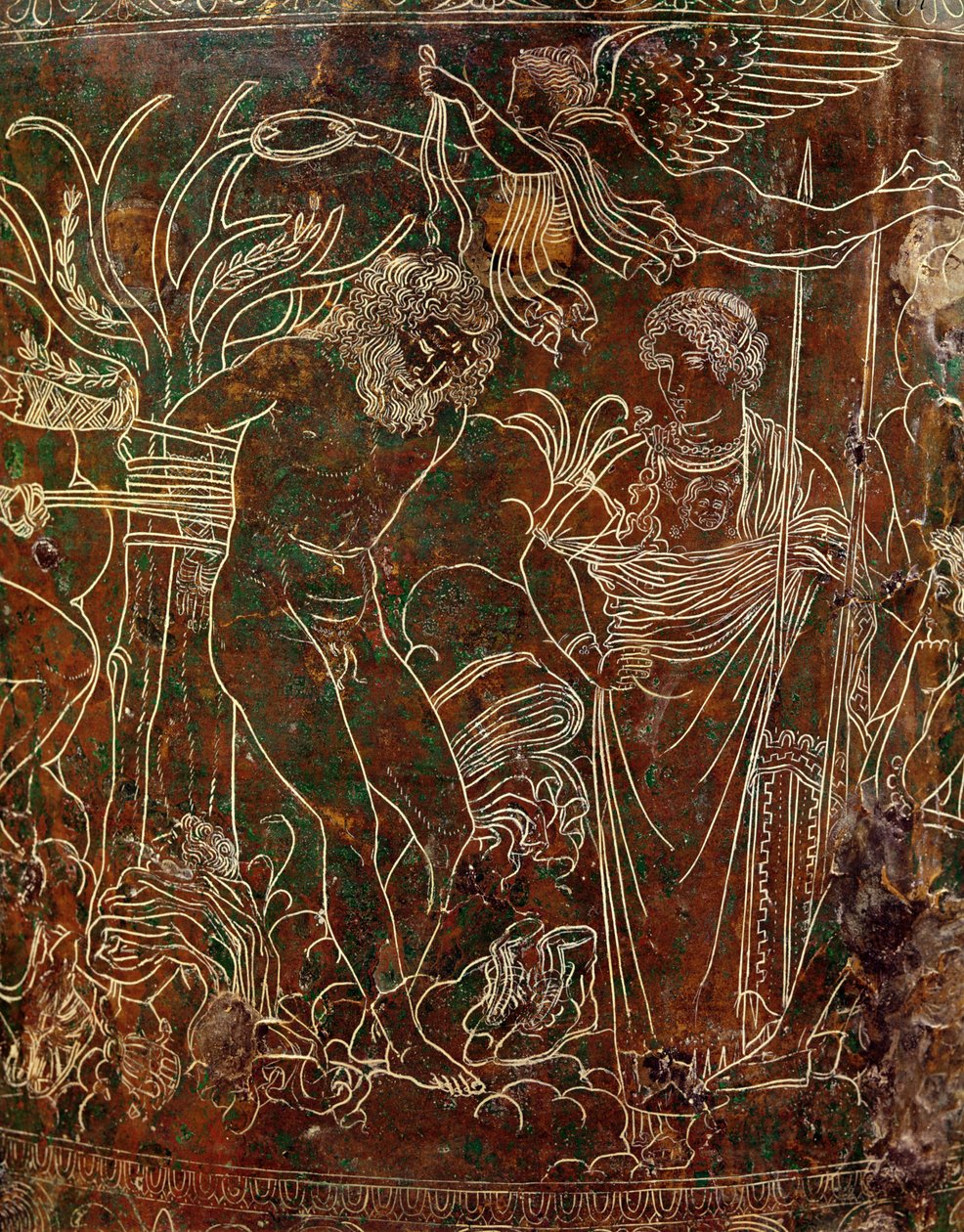 Amycus bunden till ett träd av Pollux, detalj från Ficoroni Cista, från Palestrina, ca 320 f.Kr. (brons) av Etruscan