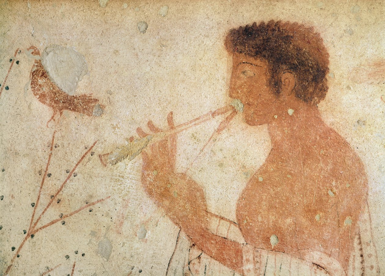 Detalj av musiker som spelar en dubbelflöjt, från trikliniets grav, c.470 f.Kr. (väggmålning) av Etruscan