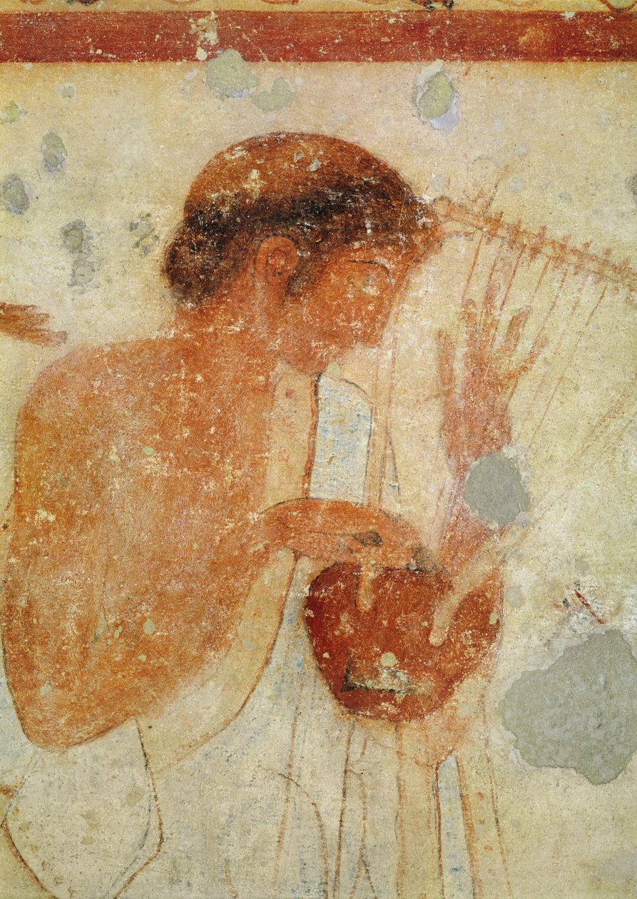 Detalj av musiker som spelar cittra eller lyra, från Tricliniums grav, ca 470 f.Kr. väggmålning se även 407461 av Etruscan