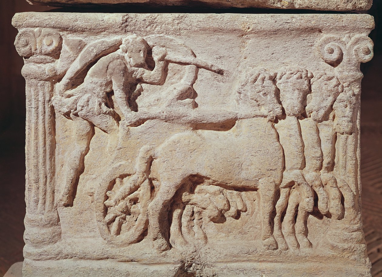 Detalj av en quadriga från en sarkofag, Man med en kalvterrakotta av Etruscan