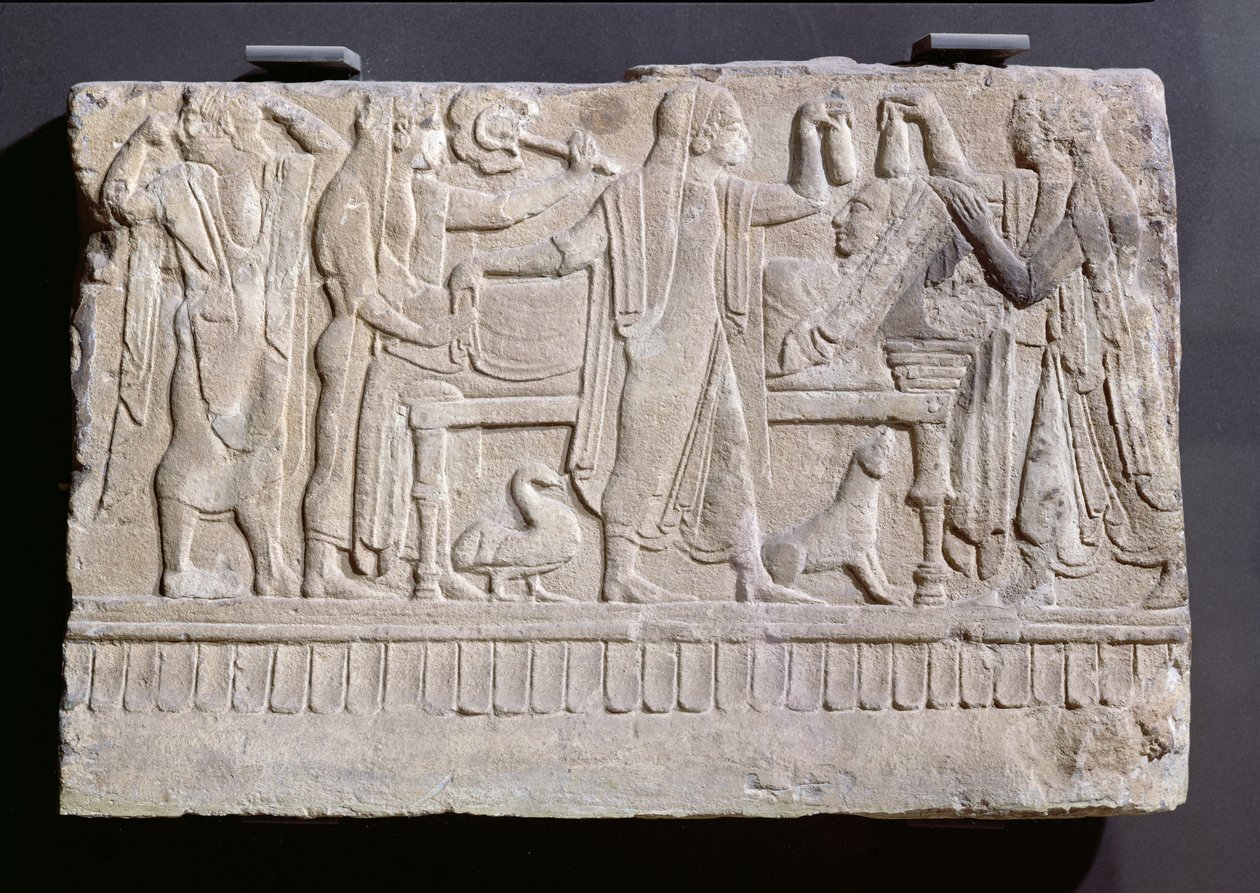 Begravningsmonument som föreställer sörjande som omger utläggningen av en kropp före kremering, c.490-480 f.Kr. (vulkanisk sten) av Etruscan