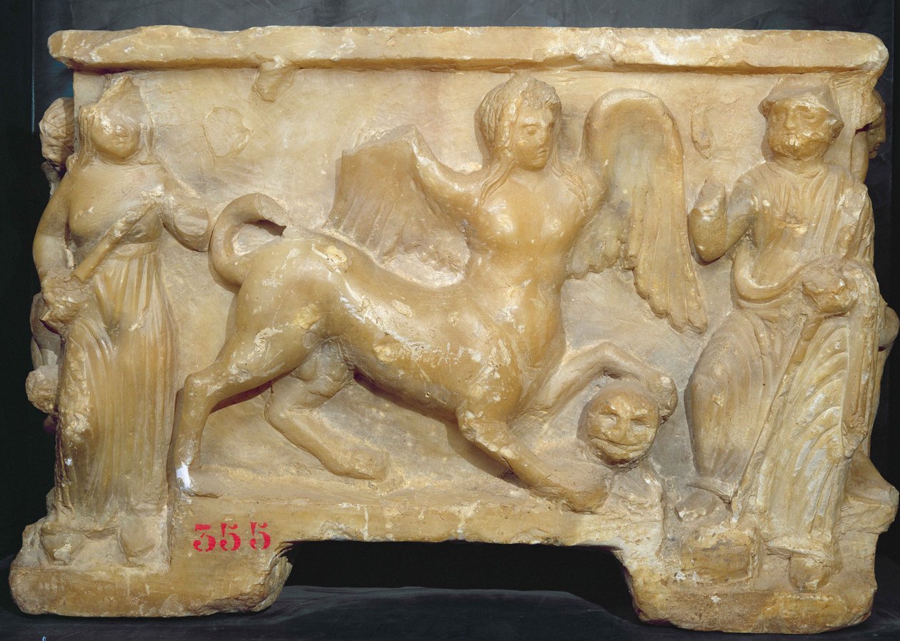Begravningsurna föreställande Oidipus och sfinxen (alabaster) av Etruscan