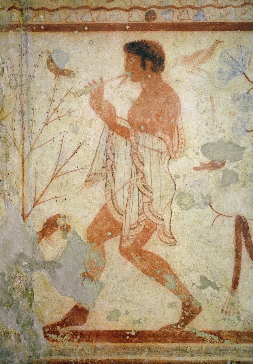 Musiker som spelar dubbelflöjt, från trikliniets grav, c.470 f.Kr. (väggmålning) av Etruscan
