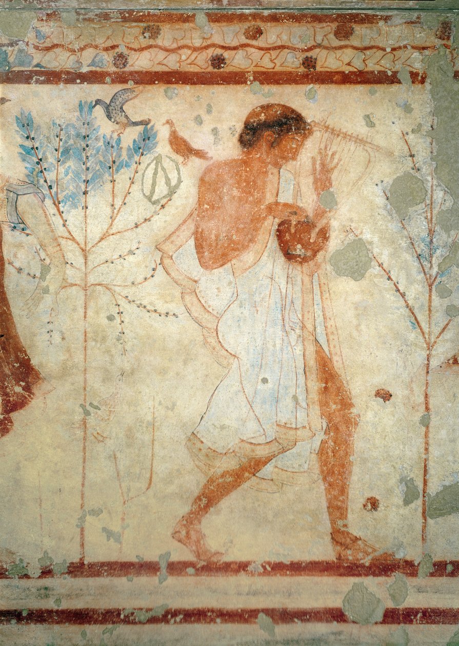 Musiker som spelar cittra eller lyra, från Trikliniums grav, c.470 f.Kr. (väggmålning) (se även 407461) av Etruscan