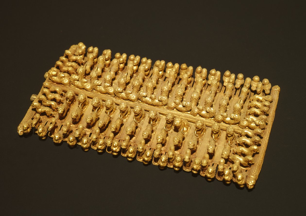 Pectoral fibula med djurfigurer från Barberini-graven, Palestrina, Italien, c.625-600 f.Kr. (guld) av Etruscan
