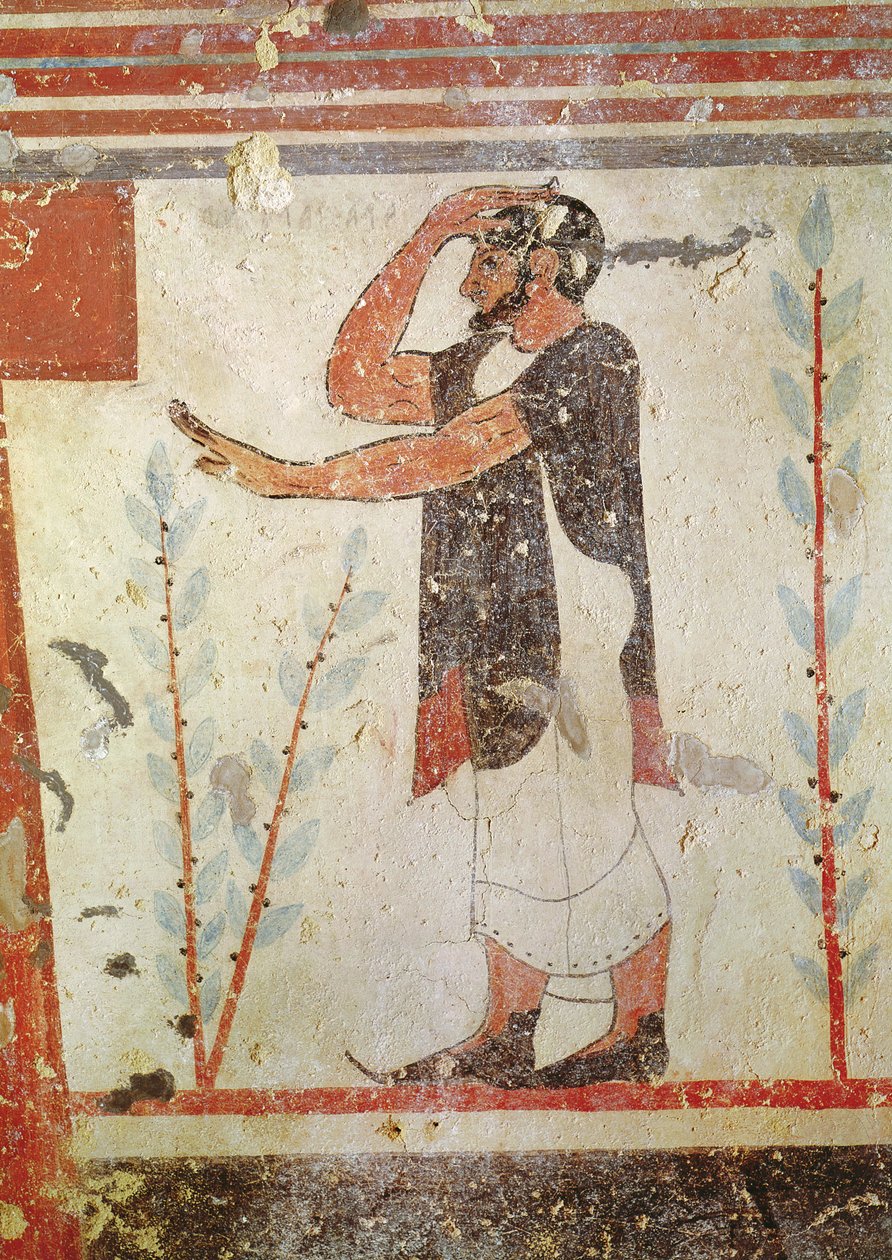 Präst gör en rituell gest, från Augurernas grav, c.530-20 f.Kr. (väggmålning) (se även 106404) av Etruscan