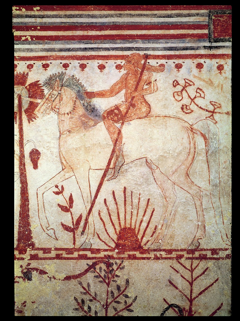 Bakhållet för den trojanske prinsen Troilus av Achilles, från tjurarnas grav (Tomba del Tori) c.540 f.Kr. (väggmålning) av Etruscan