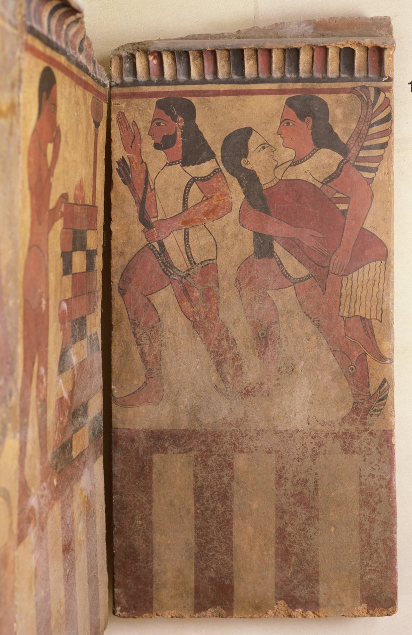 Campanaplattan, En bevingad geni för bort en kvinna tillsammans med en bågskytt, ca 550-525 f.Kr. (väggmålning) (detalj) av Etruscan