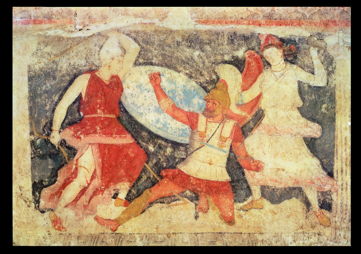 Två amasoner i strid med en grek, från Tarquinia, 370-360 f.Kr. (väggmålning) av Etruscan