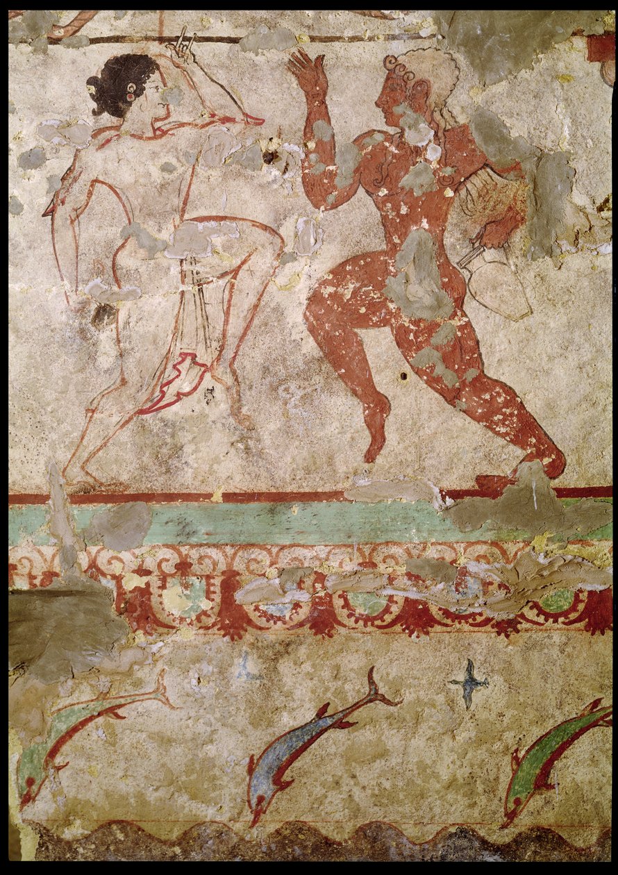 Två dansare och delfiner som hoppar genom vågorna, fris från lejoninnornas grav i nekropolen, c.520 f.Kr. (väggmålning) av Etruscan