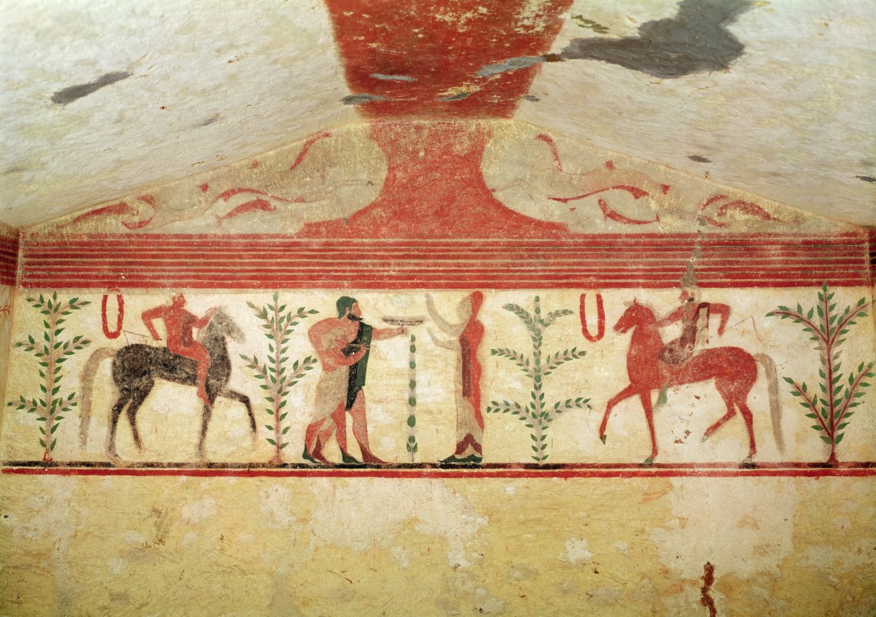 Vy över bakväggen, baronens grav, c.500 f.Kr. (väggmålning) av Etruscan