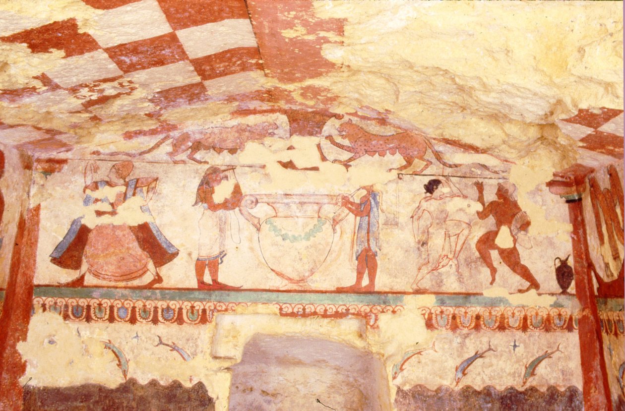 Vägg föreställande musiker, dansare och delfiner, från lejoninnornas grav i nekropolen, c.520 f.Kr. (väggmålning) av Etruscan