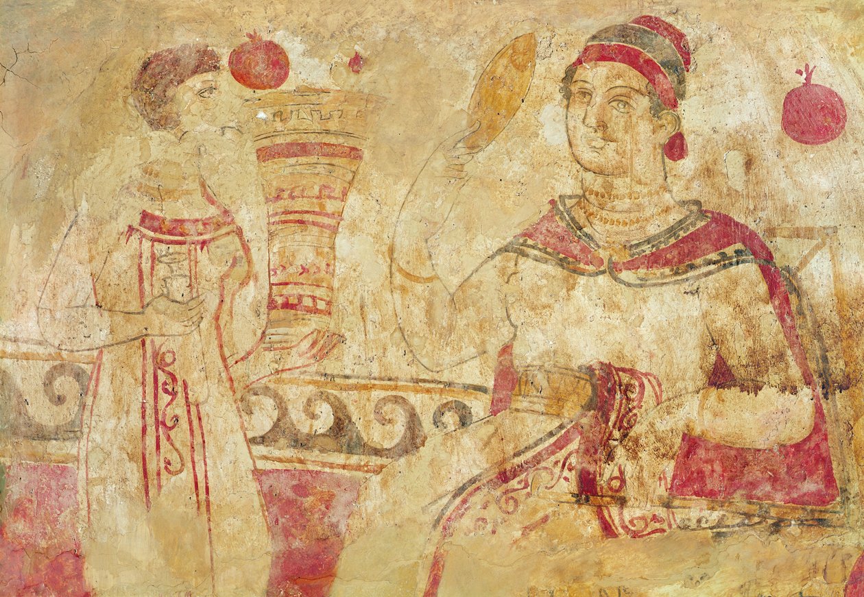 Kvinna på hennes toalett, begravningsplats, samnitperiod, 500-300-talet f.Kr. (väggmålning) av Etruscan