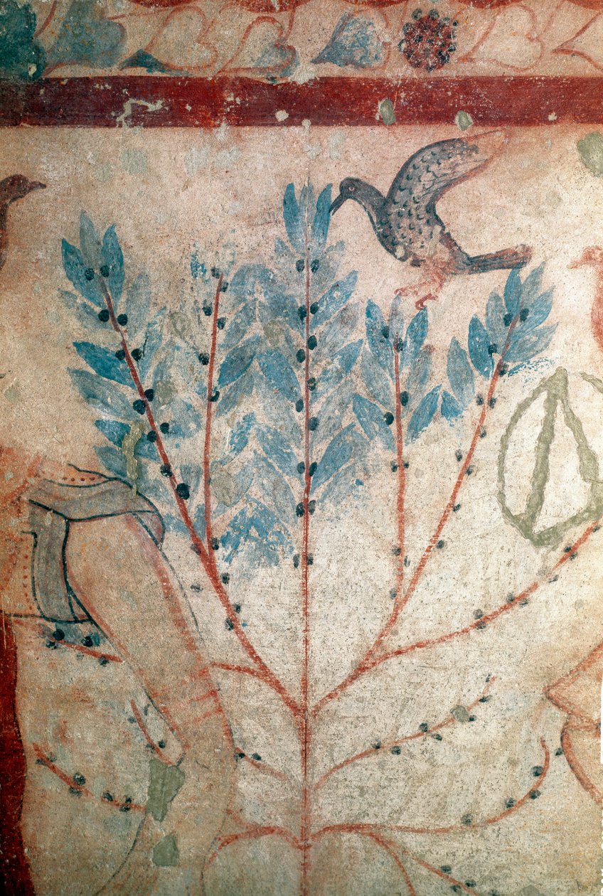 En fågel som sitter på ett litet träd (fresko, detalj, 530 f.Kr.) av Etruscan