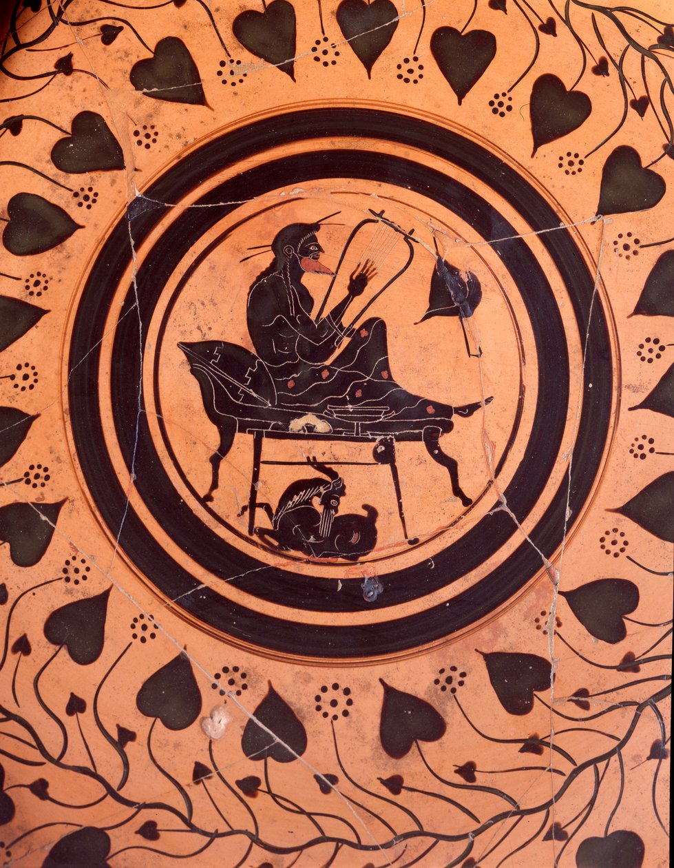 En lirare - Svart figur av en keramikvas från Falerii Veteres, 600-talet f.Kr. av Etruscan