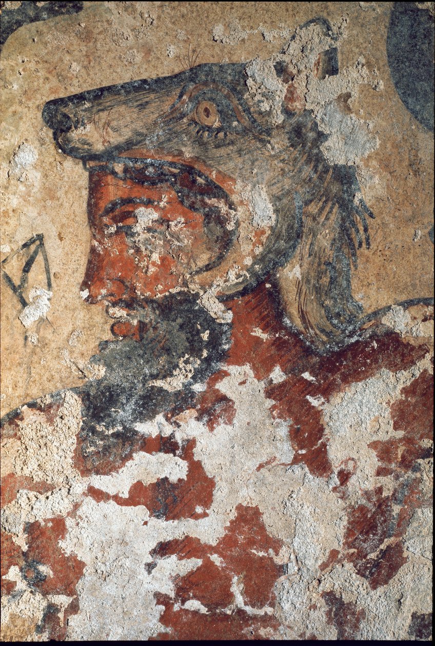 Aita (Eiza), etruskisk gud för livet efter detta, bär en vargmössa (detalj av fresk, 4 f.Kr.) av Etruscan