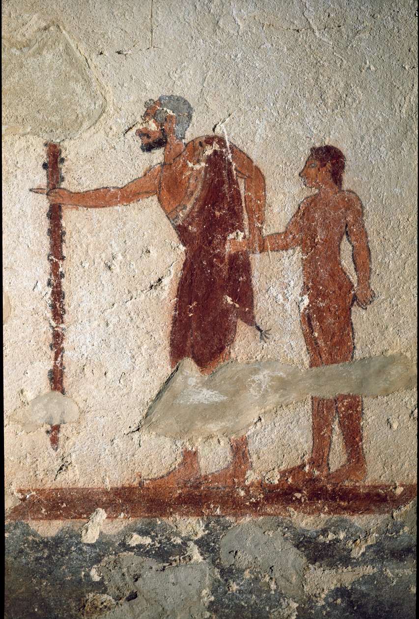 En gammal man åtföljd av en ung man (fresko, detalj, 530 f.Kr.) av Etruscan
