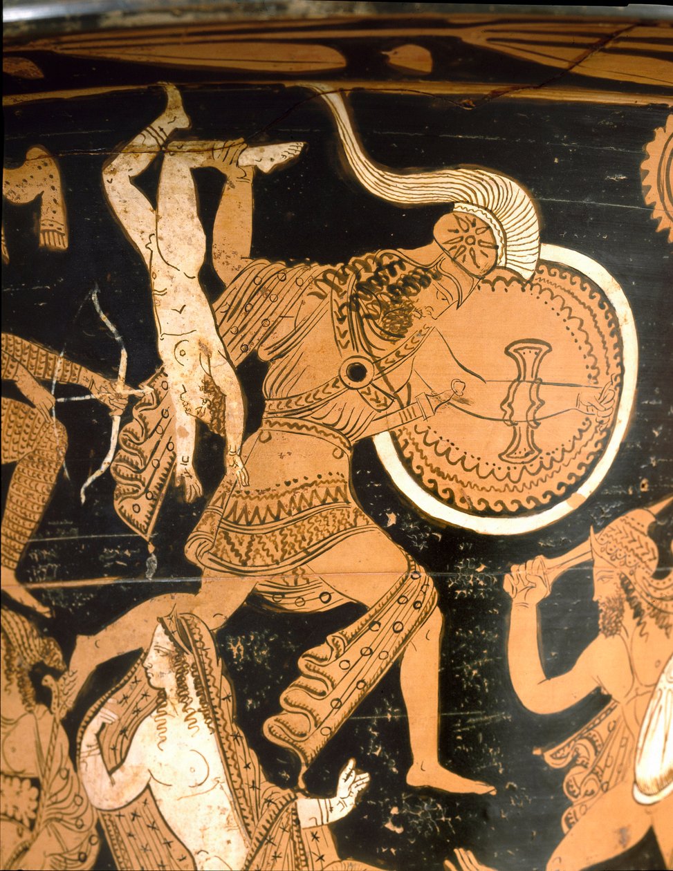 Antik etrusk: klockkrater som representerar förstörelsen av Troja: detalj som visar Neoptoleme som kastar Astyanax, son till Hector, över murarna. Från Falerii Veteres (Civita Castellana). 350-300 f.Kr. Rom, Museo Nazionale di Villa Giulia av Etruscan