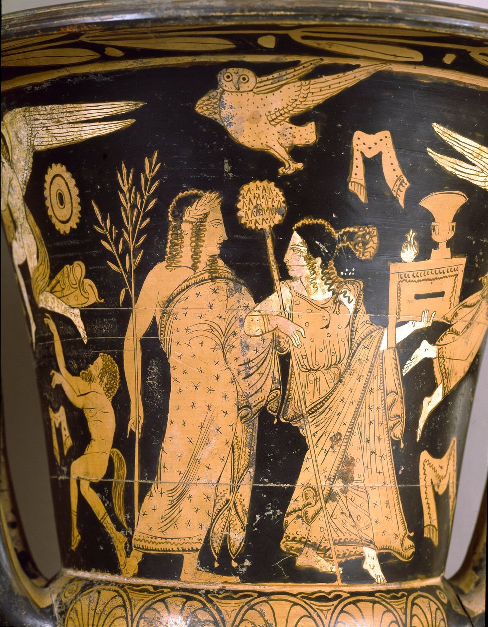 Antik etrusk: klockkrater som representerar förstörelsen av Troja: detalj som representerar Dionysos och Ariane. Från Falerii Veteres (Civita Castellana). 350-300 f.Kr. Rom, Nationalmuseet för Villa Giulia av Etruscan