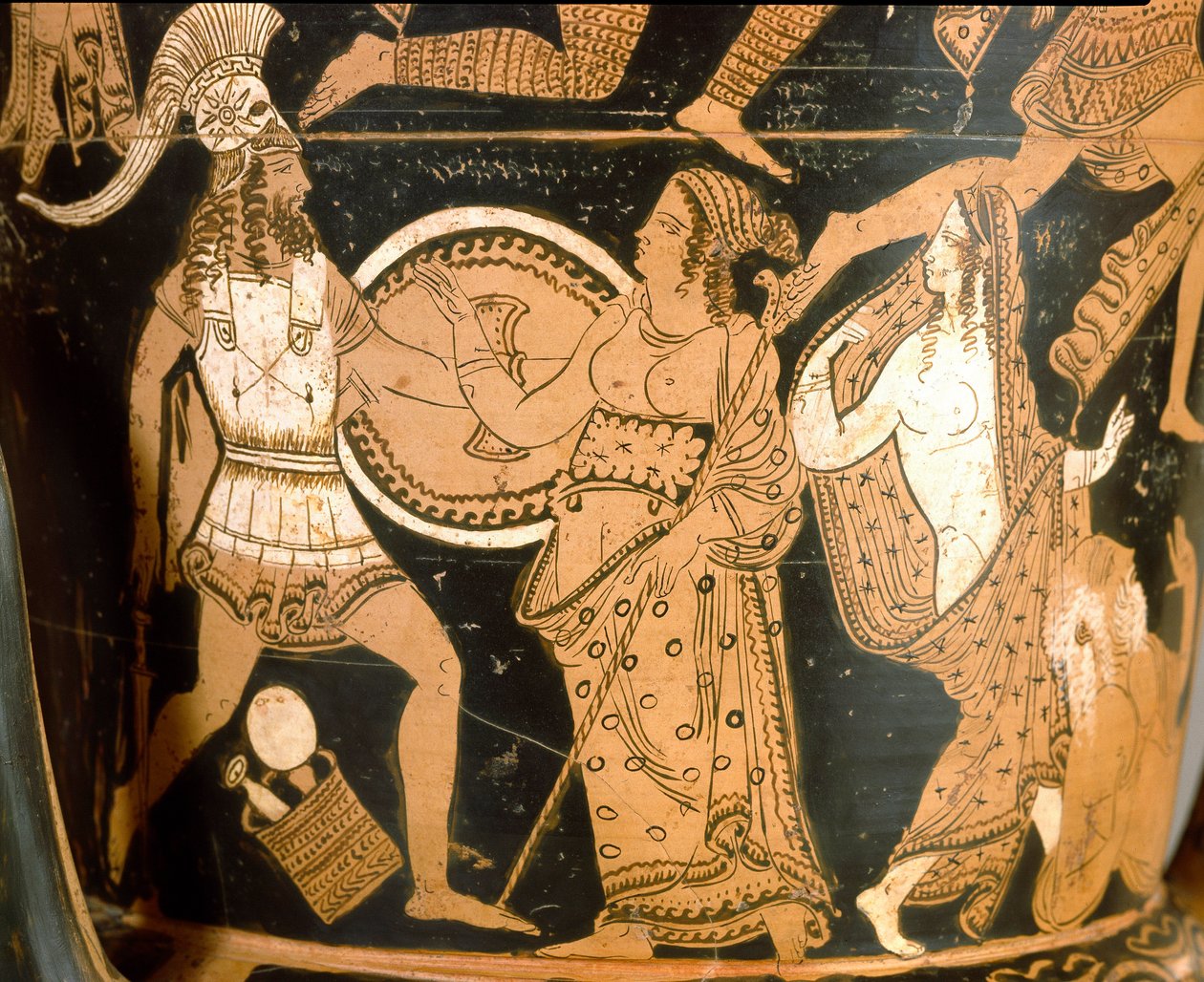 Antik etrusk: krater i klocka som representerar förstörelsen av Troja: detalj som representerar Menelas vänd mot Afrodite, Helene är representerad till höger. Från Falerii Veteres (Civita Castellana). 350-300 f.Kr. Rom, Museo Nazionale di Villa Giulia av Etruscan