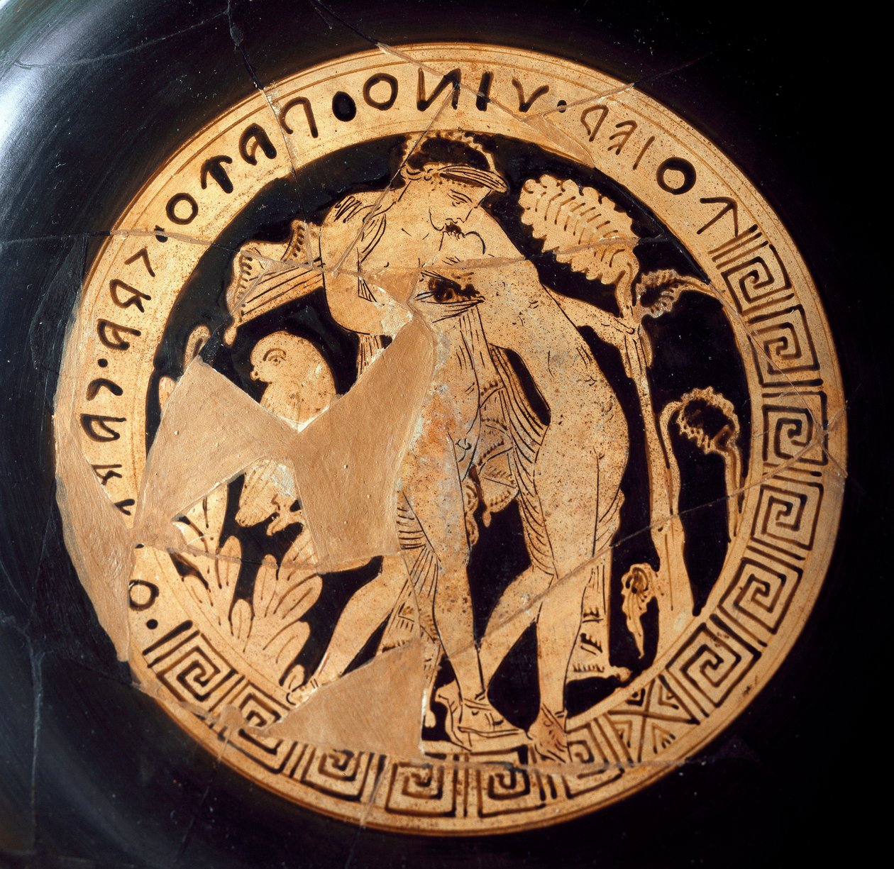 Etruskisk antiken: detalj av en kylix som representerar Dionysos och Ariane. Från Falerii Veteres (Civita Castellana) 600-talet f.Kr. Rom, Nationalmuseet för Villa Giulia av Etruscan
