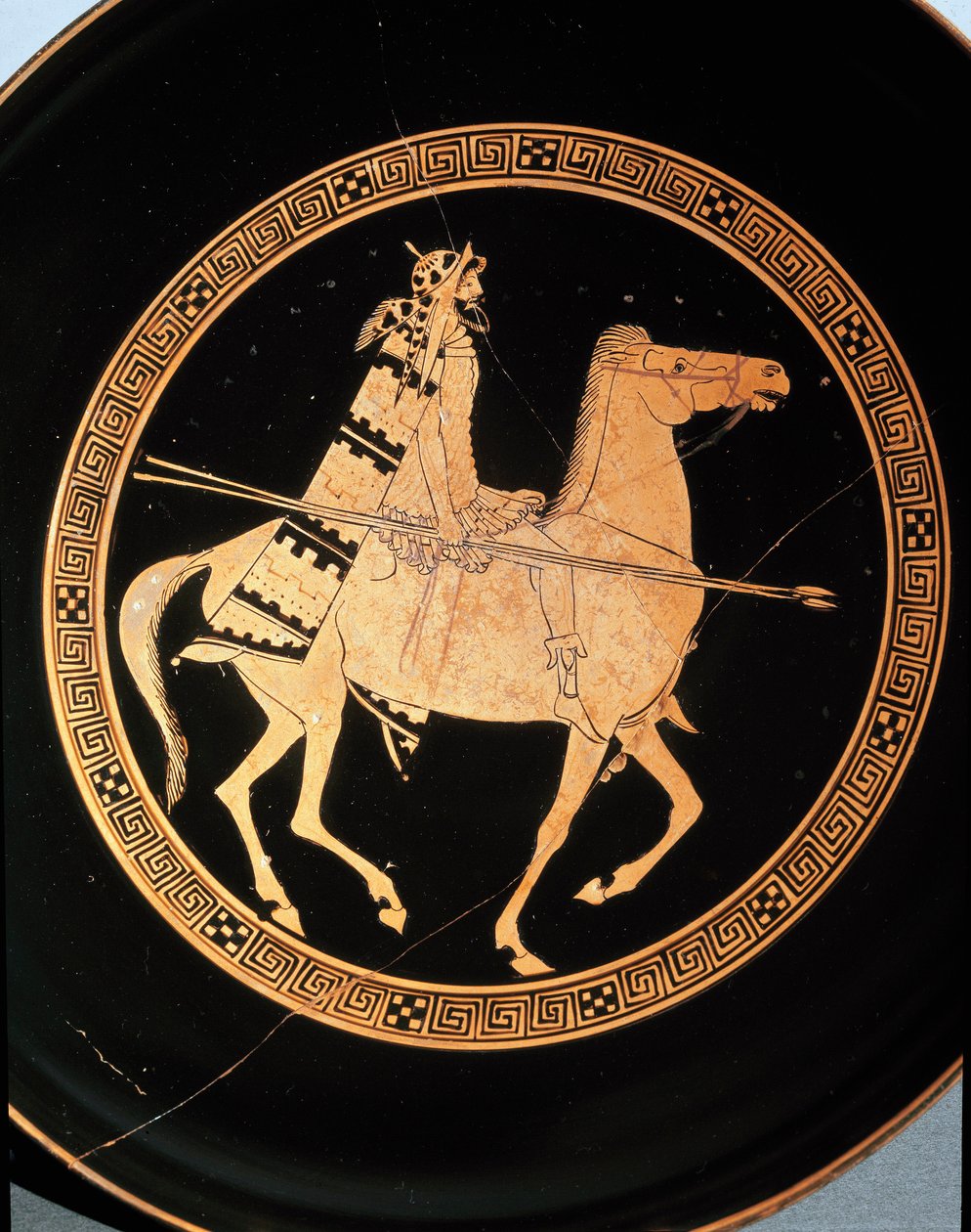 Etruskisk antiken: detalj av en kylix som representerar en ryttare. Från Falerii Veteres (Civita Castellana) 500-talet f.Kr. Rom, Nationalmuseet för Villa Giulia av Etruscan
