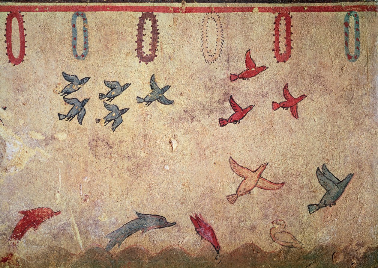 Vattenfåglar och hoppande delfiner, från jakt- och fiskegraven, c.520-10 f.Kr. (väggmålning) av Etruscan