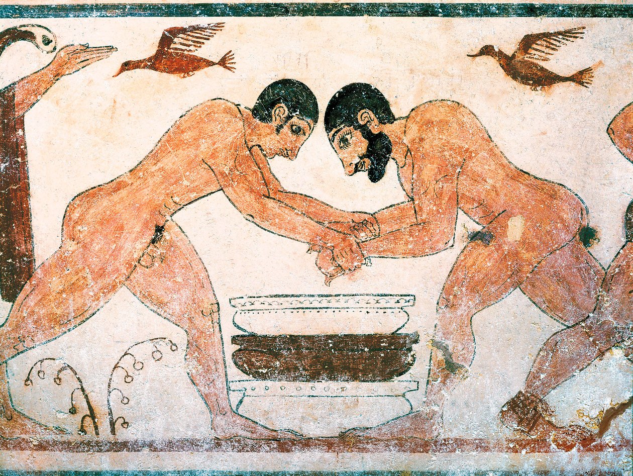Etruskisk konst: Idrottare avbildade i augurernas grav i nekropolen Monterozzi Tarquinia, nära Viterbo, Italien. Fresk från 600-talet f.Kr. av Etruscan
