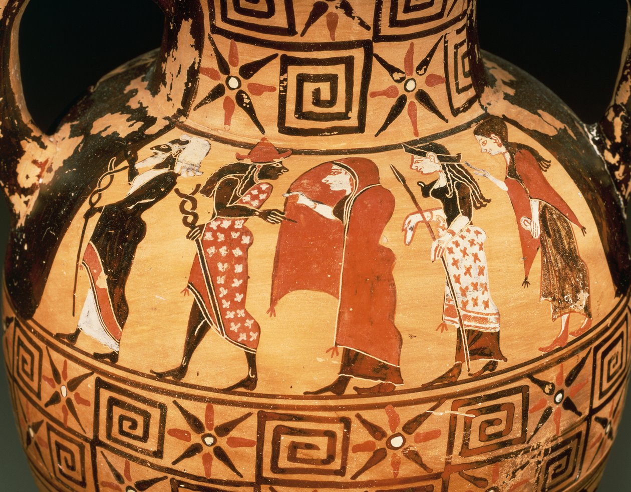 Amfora med svart figur som föreställer Parisdomen (keramik) av Etruscan
