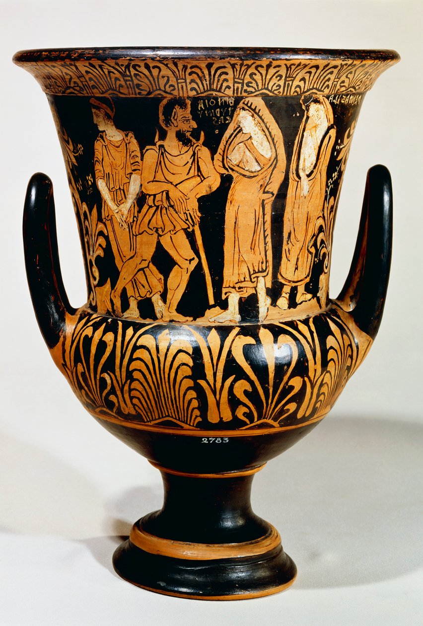 Calyx-krater (stor vas) av Turmuca-målaren som visar en scen från underjorden med Charon och flickor. Rödfigurkeramik från Vulci (Lazio). Etruskisk civilisation, 330-300 f.Kr. av Etruscan